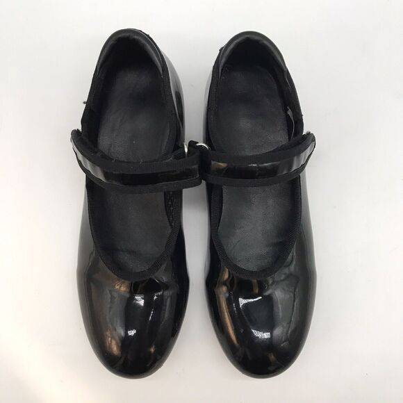 Danskin Freestyle Tap Dance Shoes Girls 13 Black Patent Leather Hook Loop Strap - Picture 5 of 11